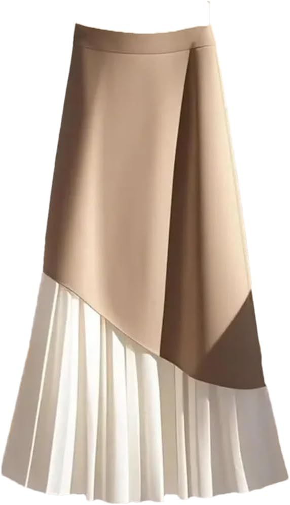 Women Summer Vintage Patchwork Pleated Skirt High Waist Korean A-Line Midi Office Lady Long Skirts