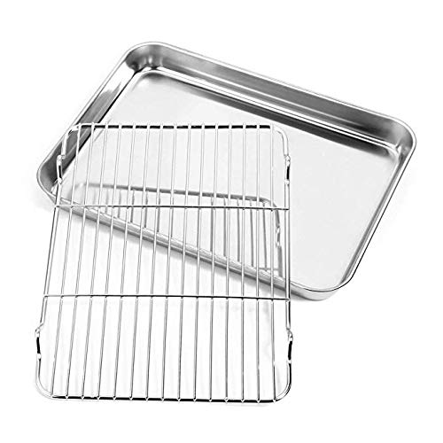 Nonstick Baking Sheet With Rack Set, Toaster Oven Tray Pan Stainless Steel Cookie Sheet With Cooling Rack Baking Pans Rectangle Size 12.2 X 9.6 X 1 Inch #TOP22