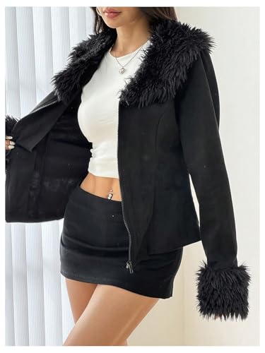 WDIRARA Women's Faux Fur Collar Zip Up Jacket Long Sleeve Suede Jacket Outerwear4