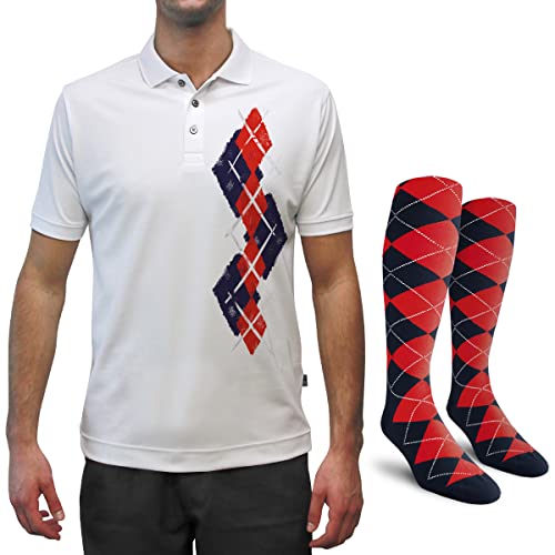 Dry Fit Graphic Golf Polo Shirt for Men, Great for Sports and All Outdoor Activities - Argyle Paradise - NN: Navy/Red - 3XL with Socks