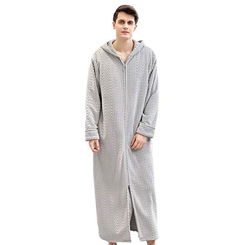 Long Hooded Bathrobe for Womens Flannel Fleece Robes Winter Warm Zip Up Housecoat Nightgown Sleepwear Pajamas, Light Gray 2-L