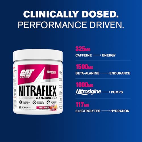 Image of GAT SPORT Nitraflex Advanced Pre-Workout Powder - Energy Drink Mix - Supports Healthy Blood Flow - Boosts Strength & Energy - Creatine-Free - 30 Servings - Fruit Punch