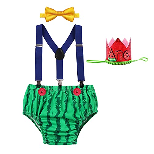 Image of Baby Boy 1st Birthday Cake Smash Outfits Party Suspenders Diaper Nappy Cover Bow Tie Mouse Headband 4pcs Clothes Set