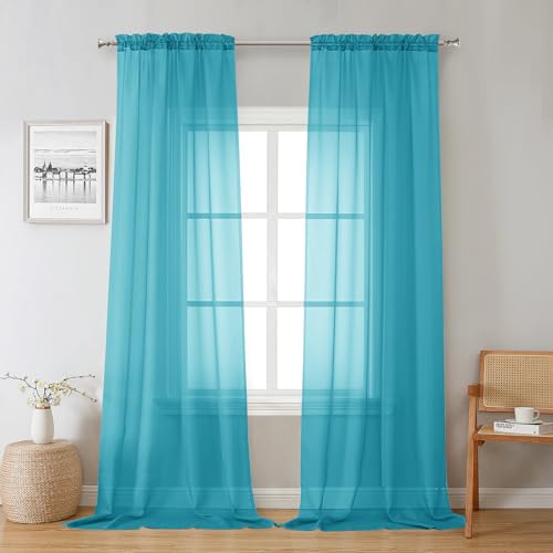 Image of Chyhomenyc Turquoise Sheer Curtains 108 Inches Long - Light Filtering Voile Extra Long Panel Drapes for Floor to Ceiling Window, Elegant Soft Living Room Curtains, Each 42Wx108L Inch, 9FT, 2 Panels
