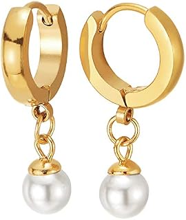 Pair Stainless Steel Gold Color Huggie Hinged Hoop Earrings for Women with Dangling Pearl, Exquisite