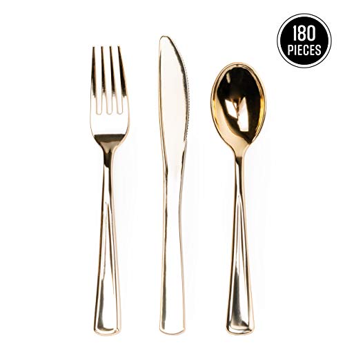 180 Pcs Couverts en Plastique Jetables d'Or| 60 Couteaux 60 Fourchettes 60 Cuillères| Qualité Supérieure| Solide & Réutilisable| Couverts Mélangés Doré pour Mariages Anniversaires Fêtes.