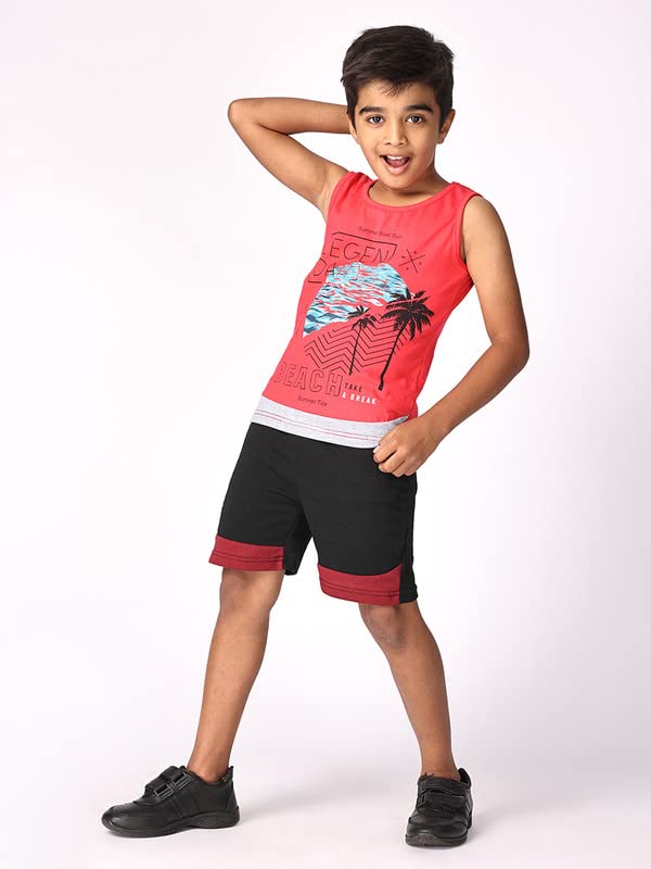 Image of TotzTouch Kids Dress For Boys T shirt | Shorts Set Summer Dress Cotton Sleeveless Tee Shirt Half Pants Clothing Set (Colors Blue, Red, Green Tops & Navy, Black, Grey Shorts) Age 1 years to 15 years