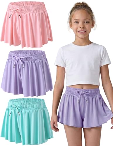 Image of 1 or 3 Pack Girls Flowy Shorts with Spandex Liner & Pocket, 2-in-1 Athletic Butterfly Shorts for Running Dance