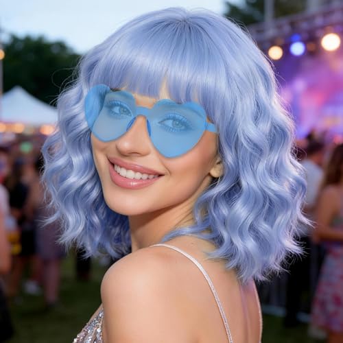 rookea Light Blue Wavy Curly Bob Wig with Bangs Heart Sunglasses for Women 14 Inch Colored Neon Fun Party Curly Synthetic Wigs Hair Cap for Cosplay Halloween Costume Bachelorette Party