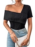 Stil: Lässig GORGLITTER Schulterfreies Oberteil Damen T-Shirt Mit Asymmetrischem Kragen Elegant Top EIN Schulter Oberteil Schwarz L