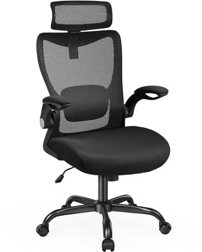 HUANUO Ergonomic Office Chair, High Back Desk Chair with Adjustable Lumbar Support & Headrest, Home Office Swivel Mesh Computer Chair Flip-Up Armrests, Executive Office Chair with Wheels