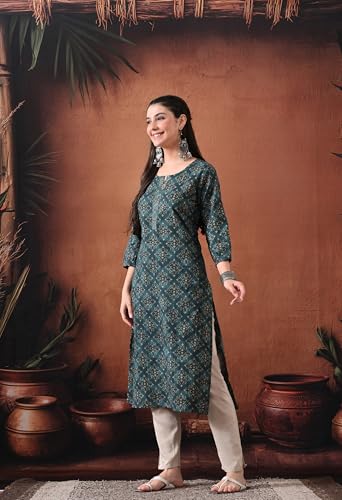Image of Ichaa Women's Pure Cotton Embroidered Round-Neck Ethnic Kurta with 3 /4th Sleeve for Daily and Office Wear, in Plus Sizes