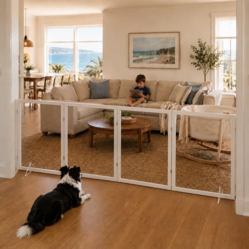 Qonimm Extra-Wide Clear Dog Gate (31.5 H*72 W) Transparent Pet Fence with Solid Hardwood and Plastic Board Stylish & Durable Clear Acrylic Pet Gate for Doorways Stairs and Hallways(4-Panel)