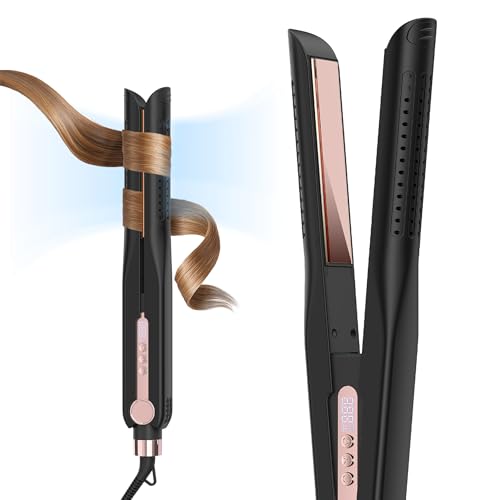 SKIMI Airflow Styler 2.0 Titanium Flat Iron Hair Straightener & Curling Wand, 96 Cool Air Vents for 48H Lasting Style, Dual Voltage for Travel & Home, Anti-Tangle, 5 Temps (Black & Blush).