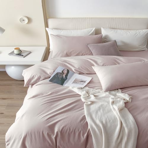 JIYUAN 100% Washed Cotton Duvet Cover Set 3 Pieces Queen, 1 Duvet Cover 90x90 Inches (Comforter Not Included) and 2 Pillowcases,Linen Feel Bedding Set Comfy and Breathable, Heathered Greyish Pink
