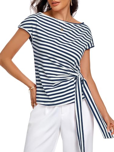Image of HOTIAN Womens Cap Sleeve T Shirts 2026 Tie Waist Wrap Tops Crew Neck Blouses Dressy Casual Loose Work Business Dressy