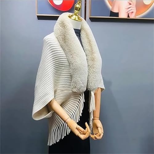 Winter Knit Fringe Fur Collar Shawl, Ladies Knitted Loose Thickened Shawl With Fringe Fur Collar2