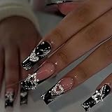 Foccna Press on Nails Long Rhinestone Fake Nails Black Square Bling Glossy Artificial Nails Finger Manicure for Women and Girls-24pcs (Long Nails 2)
