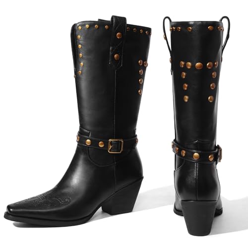 Womens Cowboy Cowgirl Boots Wide Mid Calf Square Toe Riding Boots Block Chunky Heel Low Heel Distressed Studded Boots3