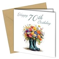 70th Birthday card for Men or Women, Flowers in Wellington boots design, 350gm Thick card, Blank inside #1841