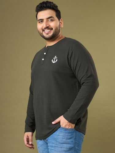 Image of Bigbanana Men Plus Size Solid Dark-Brown Full Sleeve Henley Tshirt