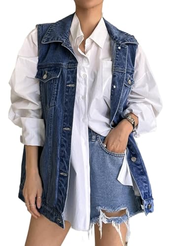 Lachmose Women for Jean Jackets Fashion Sleeveless Button Down Denim Jacket Western Shacket Jacket with Pockets