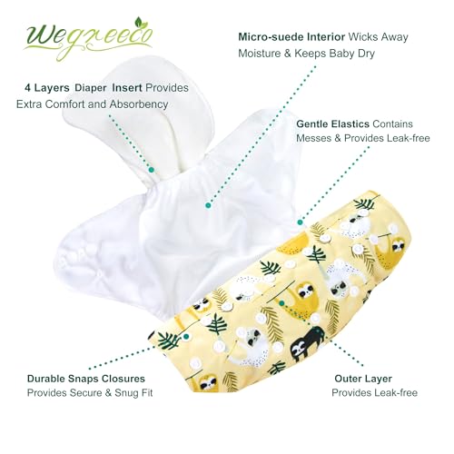 Image of wegreeco Cloth Diapers 6 Pack with 6 Inserts & 1 Wet Bag, Washable Cloth Diapers for Babies, One Size Adjustable Reusable (Animal World)
