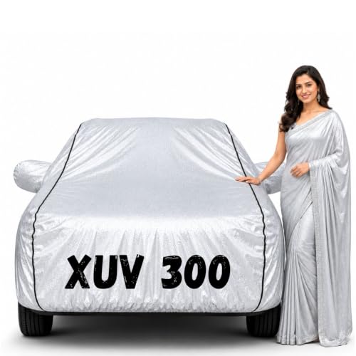Image of Waterproof Car Body Cover for Xuv 300 All Weather Protection Comes with Inner Cotton Lining & Triple Stitched with Mirror & Antenna Pocket Belt & Elastic Fit Metallic Silver with Black Piping2