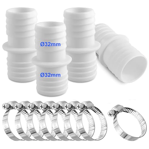 Cuidongsheng 4 Stück Pool Schlauchverbinder 32mm Poolschlauch Verbinder 32 auf 32mm Pool Schlauchadapter mit 8 Schlauchschellen Pool Schlauch Adapter Doppelschlauchtülle