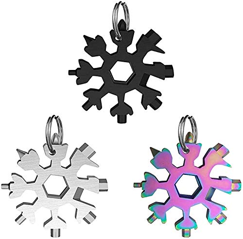 Lot de 3 outils multifonctions 18 en 1 en forme de flocon de neige avec porte-clés en acier inoxydable lourd, pour voyage, camping, cadeau de Noël Cover