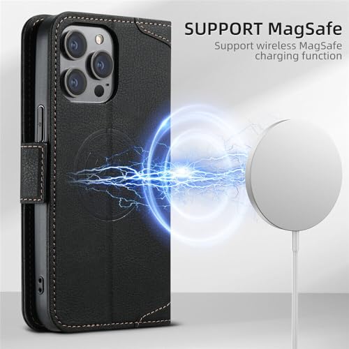 Étui portefeuille en cuir noir pour iPhone 14 avec rabat magnétique
