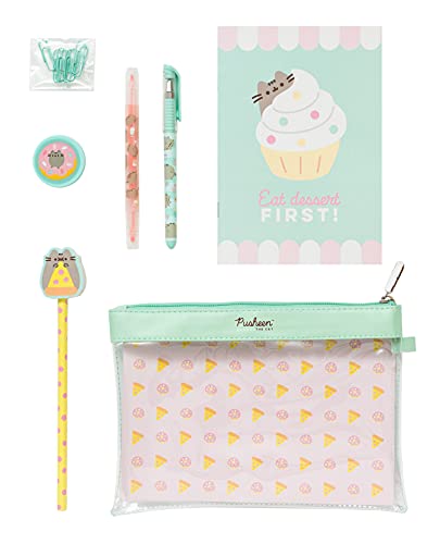 Pusheen Pencil Case + Pusheen Pens and Pencil with Eraser Topper - Pusheen Notepad - Paper Clips - Sharpener