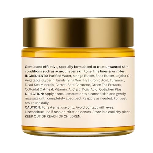 Earth Solvent Vitamin C & Turmeric Face Cream Super Hydrating & Moisturizing Clears Blackheads Improve Dark Spot Acne Dead Sea Minerals Green Tea Carrot Hyaluronic Acid + Kojic Acid (2 fl oz, Turmeric Face Cream)