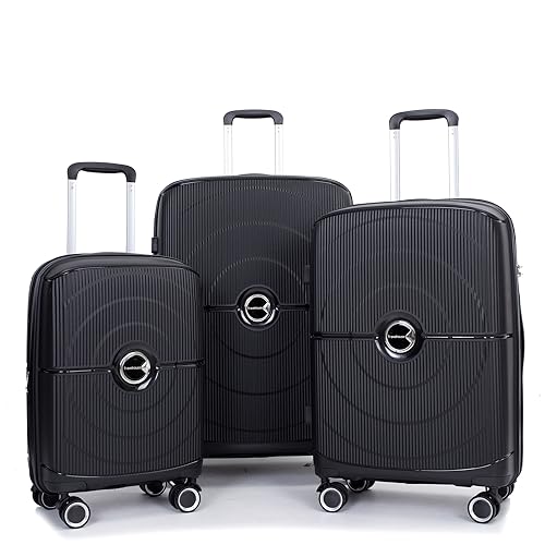 Expandable Hardshell Suitcase Double Spinner Wheels PP Luggage Sets Lightweight Durable Suitcase with TSA Lock,3-Piece Set (20/24/28),Black