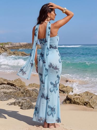 Image of LUXVEER Women's Strapless Tube Dress Mesh Floral Summer Bodycon Long Maxi Cocktail Party Wedding Guest Dresses with Scarf