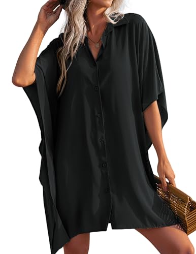 Ekouaer Women's Swimsuit Cover Up 3/4 Sleeve Beachwear Bikini Coverups Button Down Oversized Cover Up Shirt S-3XL