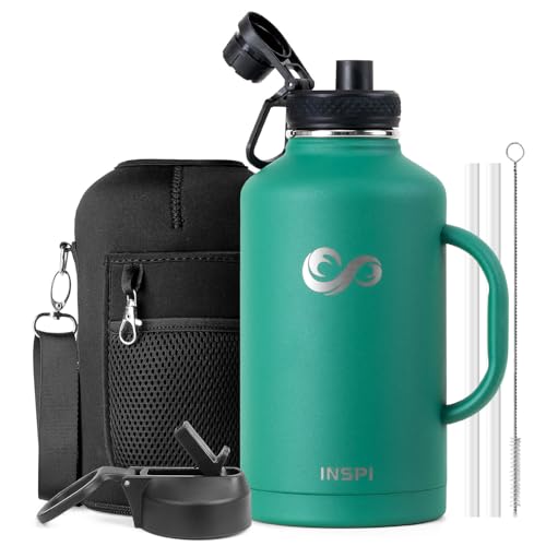 INSPI 64oz Water Bottle with Straw & 2 Lids, Double Wall Vacuum Stainless Steel Metal Large Jug with Handle, Wide Mouth Flask Mug with Carry Pouch for Travel, Keep Cold Hot, 100% Leak Proof, Green