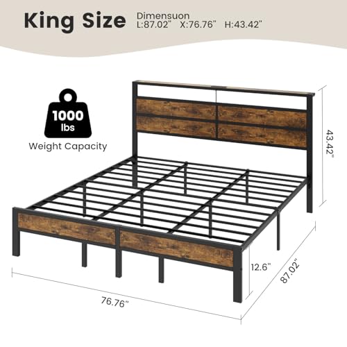 Image of King Size Bed Frame with LED Lights and Charging Station | Brown Metal Platform Bed, Wood Headboard, Sturdy Slats, No Box Spring Needed, Noise Free, Easy Assembly
