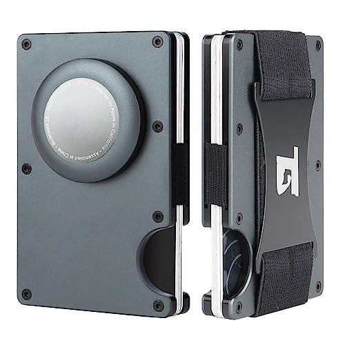 Mens metal wallet wallet with Airtag holder RFID Blocking Minimalist wallet (Dark Grey W/Strap)