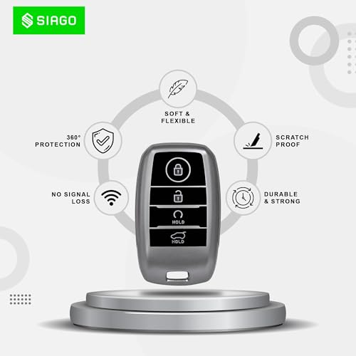 Image of SIAGO TPU Key Cover Compatible with Kia Seltos, Sonet, Carens, Carnival 4 Button Smart Key (Hold Button Down) (Grey Pack of 1)