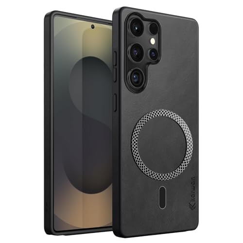 Image of KARWAN Shockproof Hybrid Leather Finish Back Case Cover Compatible with Samsung Galaxy S25 Ultra with Wireless MagEaze Charging Cover, Anti-Scratch Shield Case with Strong Minimalist Design (Black)