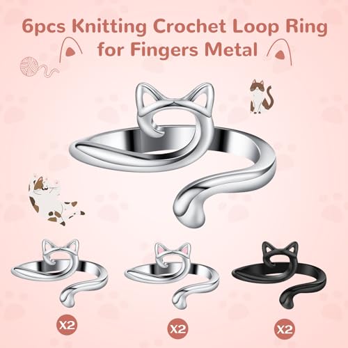 DTOFOOT 6pcs Knitting Crochet Loop Ring for Fingers Metal Open Yarn Guide Crochet Rings Adjustable Braided Faster Knitting Thimbles Holders Accessories for Crochet Mother Grandma Gifts with Box