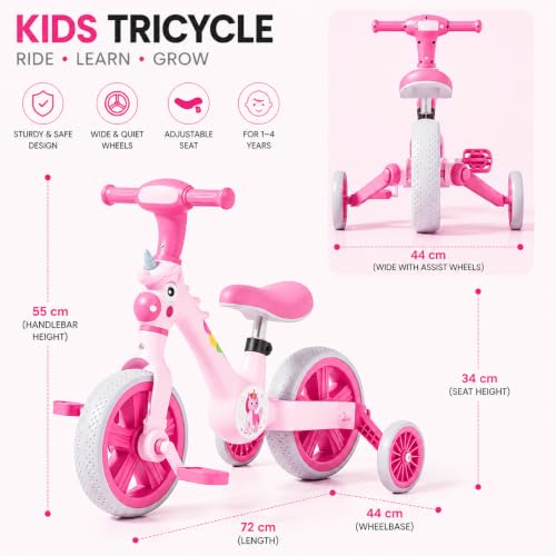 Image of 3-in-1 Kids Tricycle with Music & LED Light | Convertible Tricycle to Balance Bike | Ride-On Cycle for Kids10 Months to 3 Years (Pink)
