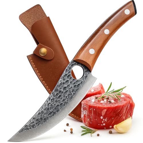 Geschmiedetes Kochmesser Japanstil mit veganer Lederhülle, Küchenmesser mit Fingerloch und Holzgriff, scharfes Ausbeinmesser für Outdoor, Gemüse und Fleisch, Geschenkidee