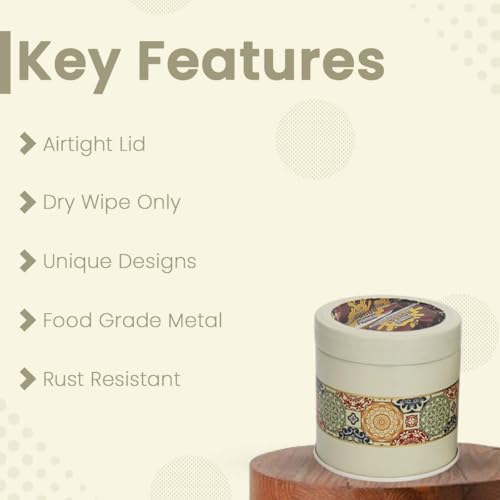 Image of Mandala Collection Airtight Kitchen Container Set| 450ML- Set of 4| Food Grade Metal Jars for Spices, Seeds, Green Tea & Dry Storage| Vacuum Lid, Rust Resistant| Beige Rangoli Canisters