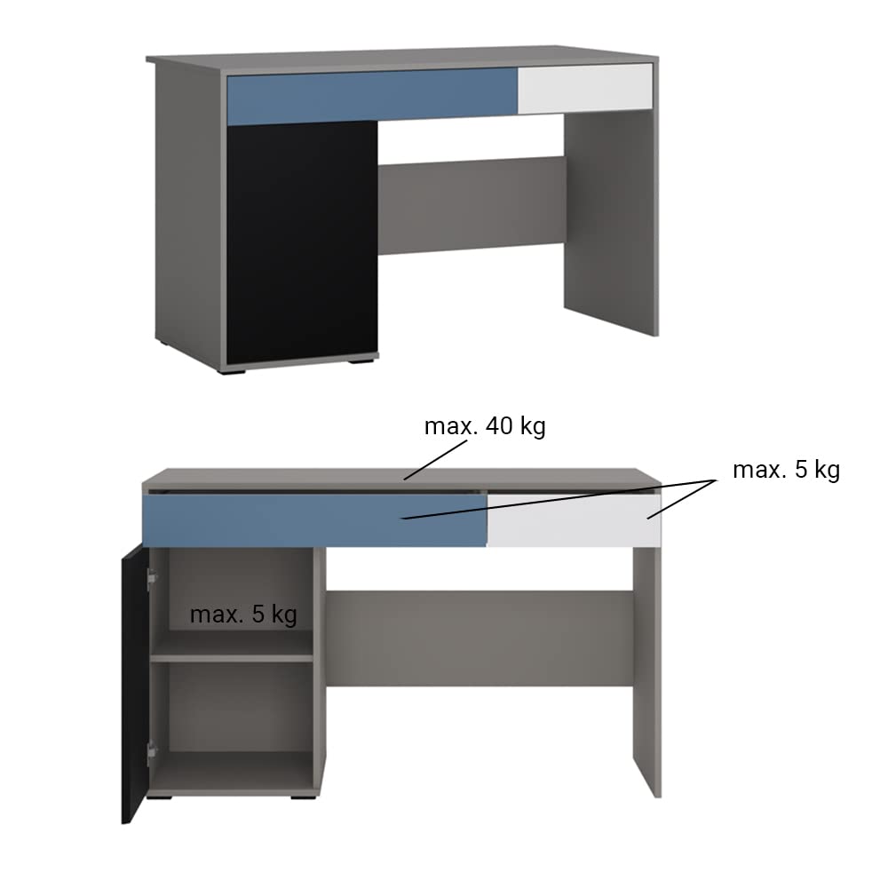Lomadox Jugendzimmer Set mit Bett, Bettkasten, Kleiderschrank, Schreibtisch, Sideboard in grau mit schwarz, weiß, blau