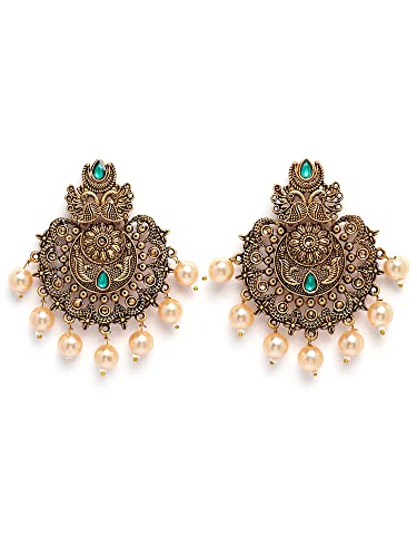 Karatcart Gold Plated Green Floral Design Gloden Pearl Dangler Earrings for Women - Image 5