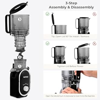 SUSTEAS Cold Press Juicer, 300W, 5.3" Large Feed Chute, 1.5L Capacity, Automatic Feeding, High Yield, Easy to Clean, Ideal for Whole Fruits & Vegetables, Black