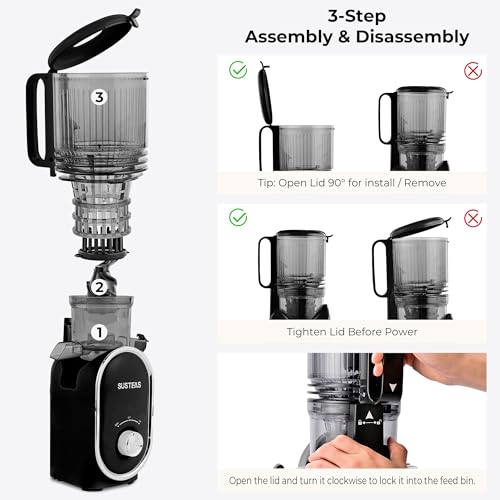 SUSTEAS Cold Press Juicer, 300W, 5.3", Large Feed Channel, 1.5L Capacity, Auto Feed, High Performance, Easy to Clean, Great for Fruits and Vegetables