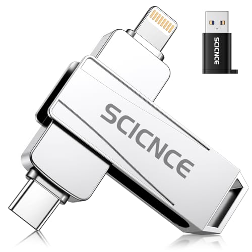 SCICNCE 256GB Phone Flash Drive Photo Stick, USB Memory Stick for Photo Video Backup & Storage, No APP Required, Compatible with iPhone iPad Android PC, Bright Silver